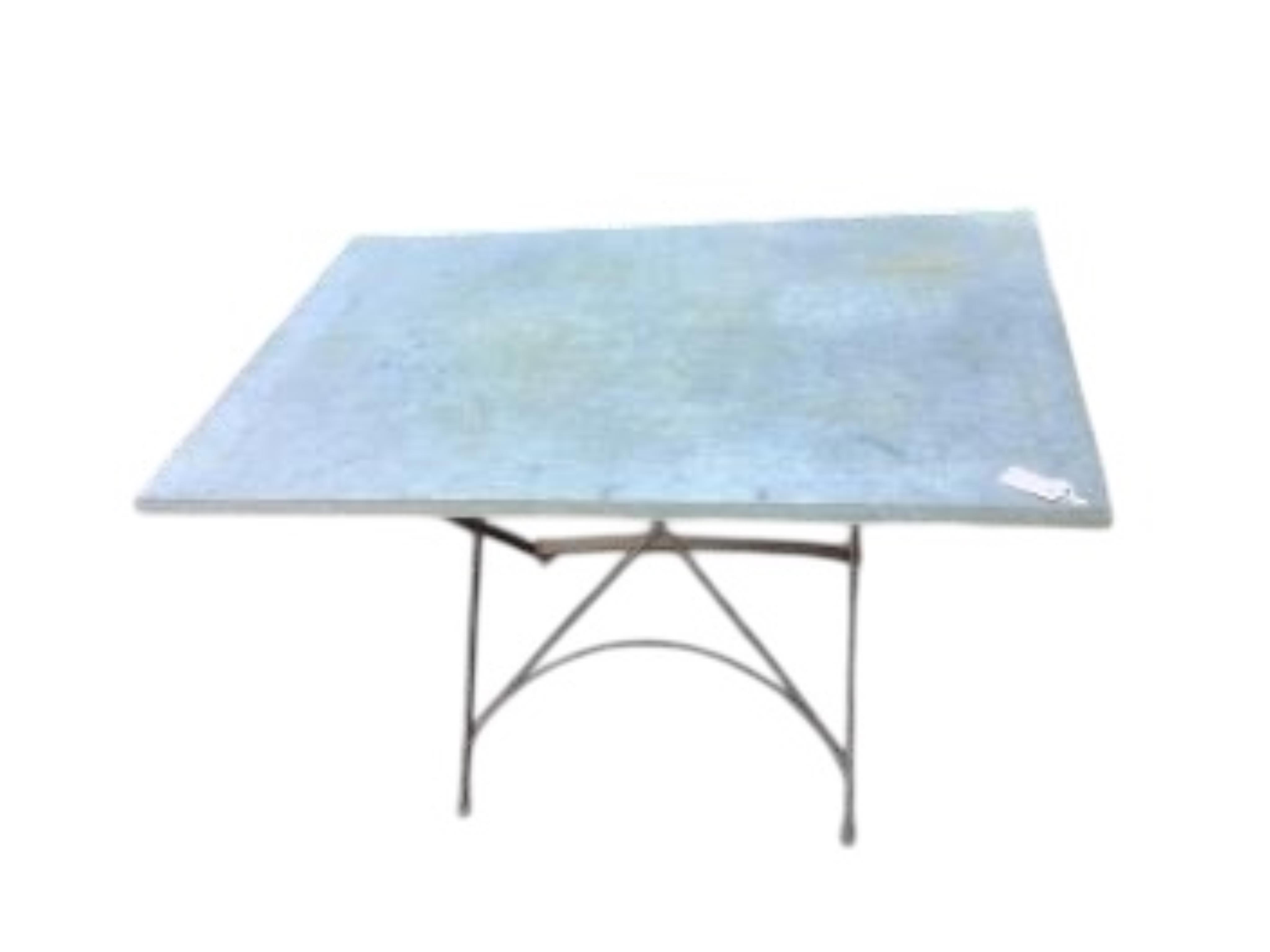 A rectangular zinc topped wrought iron garden table, width 120cm, depth 80cm, height 70cm